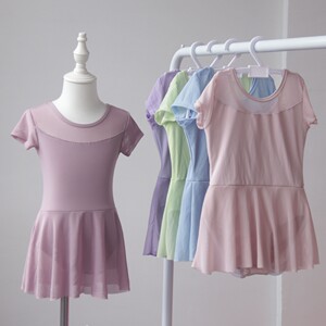 
Nylon children's dance clothing girls summer short-sleeved practice body suit open-ended girls Chinese dance ballet one-piece skirt