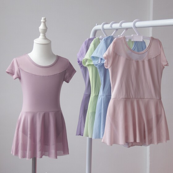 
Nylon children's dance clothing girls summer short-sleeved practice body suit open-ended girls Chinese dance ballet one-piece skirt