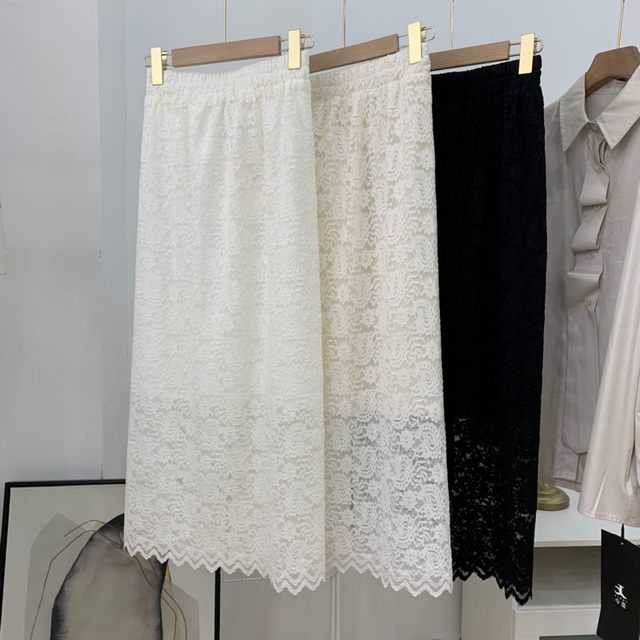 Lace hollow hook flower skirt for women's spring new high-waisted slim straight mid-length skirt C#7
