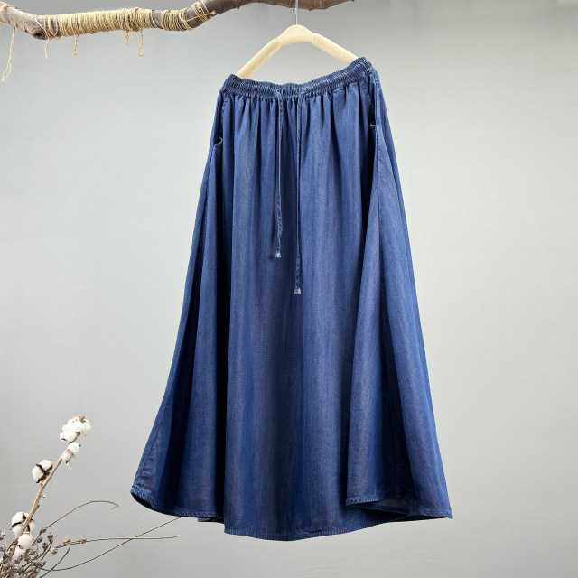 Tennis denim long skirt skirt women's 2025 spring and summer new high-end elastic waist side pocket pleated skirt A-line skirt