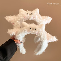 Cute Cartoon White Woolen Wide-Brimmed Headband for Women to Wash Their Face, Apply Facial Masks, Take Photos, and as a Hair Accessory