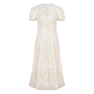 
Stubborn summer new French temperament puff sleeve floral yellow high waist A-line midi dress for women