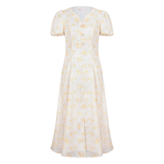 
Stubborn summer new French temperament puff sleeve floral yellow high waist A-line midi dress for women