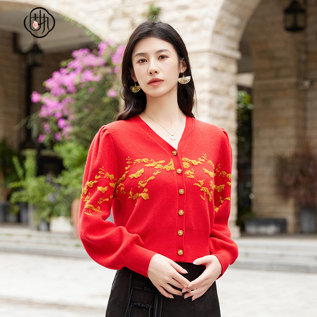 Stubborn 2025 autumn new style college style versatile temperament v-neck puff sleeve knitted sweater cardigan jacket women's clothing