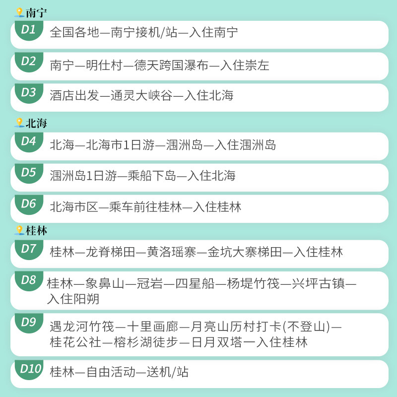 广西旅游南宁北海桂林10天9晚德天通灵北海涠洲岛阳朔漓江跟团游