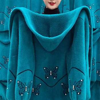 Dingzang water mink velvet autumn and winter new women's mother clothing mothers simple, middle -length middle -aged and elderly people knit cardigan hooded loose
