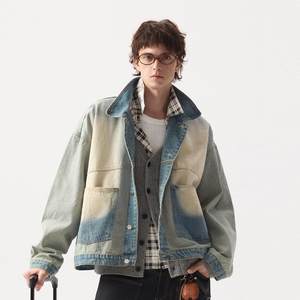 
2025 Spring New Washed Grinding White Lapel Denim Jacket Jacket Men's Trendy Old Spring Splicing Top