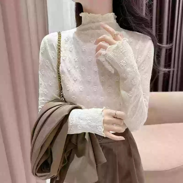 Half turtleneck mesh base shirt for women in autumn and winter new fashionable sweater with gauze clothes with black ears long-sleeved lace top