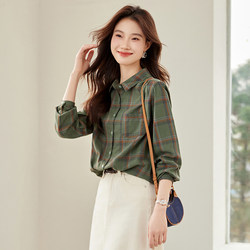 New 100% Cotton Shirt for Women, Early Autumn Vintage Plaid Casual Pure Cotton Long-Sleeve Thin Versatile Shirt