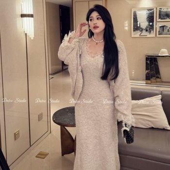 DATOO fat mm wool blended V-neck knitted suspender plus size dress cardigan suit