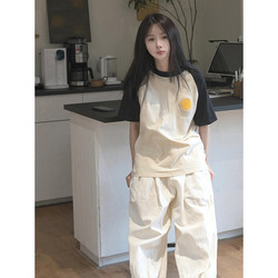 Korean Style Girl's School Uniform Style Color-Blocked Pure Cotton T-Shirt for Older Children, Summer Short-Sleeved, Loose Half-Sleeve Top for Middle School Students