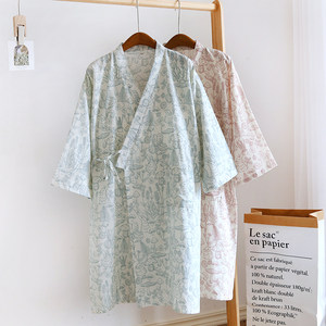 Summer pure cotton gauze pajamas, women's mid length Japanese kimono, bathrobe, cardigan, oversized plus fat cartoon Japanese style