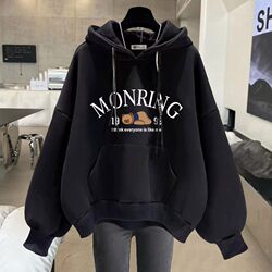 Letter Cartoon Hooded Sweatshirt for Women 2025 Spring, Autumn, Winter Loose Lazy Style Fleece-Lined Thickened with Pockets Long-Sleeve Pullover