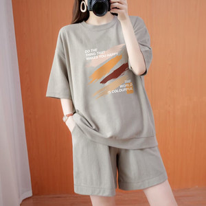 
Clearance of foreign trade pure cotton sportswear suits for loss in summer, loose fashion and versatile ladies fashionable and casual two-piece set