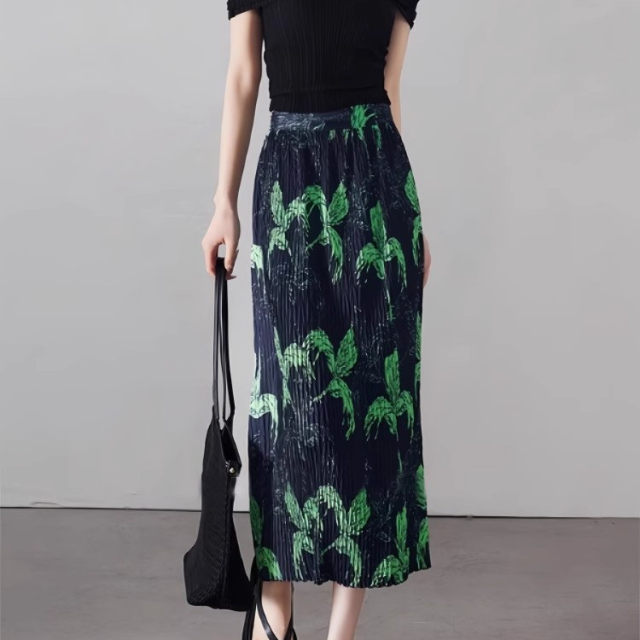 Miyake pleated retro skirt women's ice silk green tie-dye printed straight sand floral skirt elastic waist pleated skirt