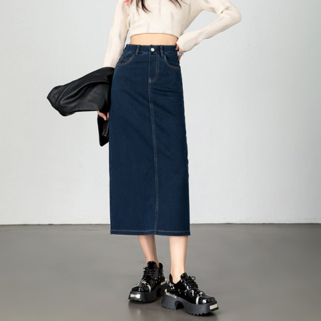 Long denim skirt for women spring and summer thin high waist women's slit long skirt dark blue pencil straight hip denim skirt
