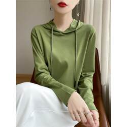 25 Spring and Autumn Style 100% Pure Cotton Long-Sleeve T-Shirt Hoodie for Women, Solid Color Drawstring Hooded Sweatshirt, Loose Combed Cotton Top