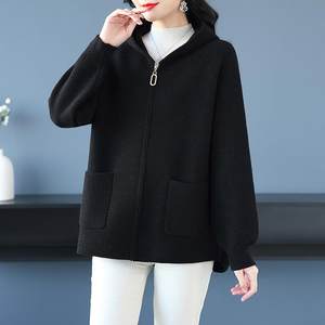 
Casual hooded cashmere coat for women and hip-covering cardigan in autumn and winter loose large size slimming double-sided wool top coat