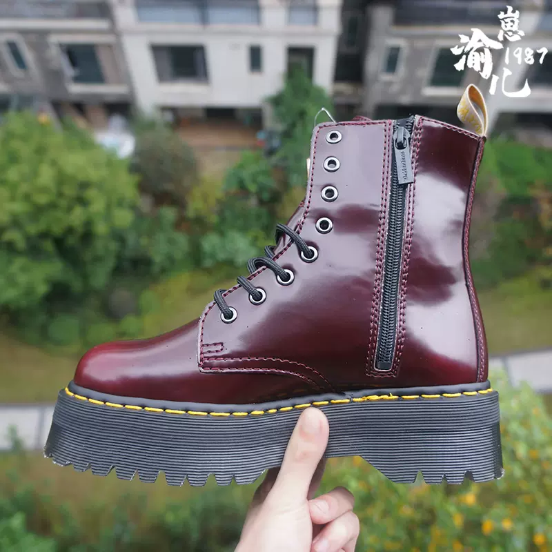 美國代購Dr.Martens Jadon 酒紅擦色 厚底拉鍊 8孔 高筒馬丁靴-Taobao