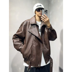 
Fashion brand large lapel motorcycle plus velvet PU leather jacket men's 2025 autumn and winter teen handsome warm leather jacket
