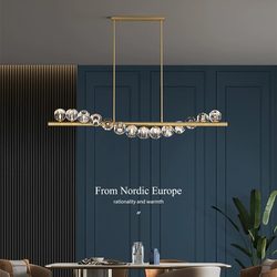 Restaurant Chandelier, Nordic Lighting, All-Copper Post-Modern Light Luxury Dining Room Lamp, Creative and Unique Long Bar Crystal Chandelier