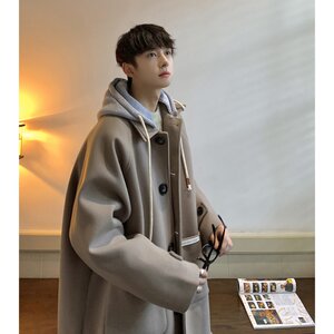 
Woodpecker large size fake two-piece hooded woolen coat men's winter mid-length loose high-end trendy brand coat