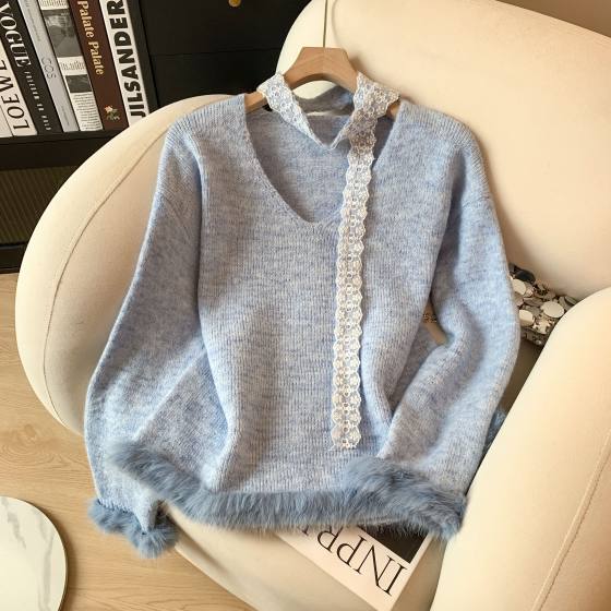 
Real shot of lace halterneck V-neck purple sweater autumn and winter 2025 new style lazy long-sleeved knitted top