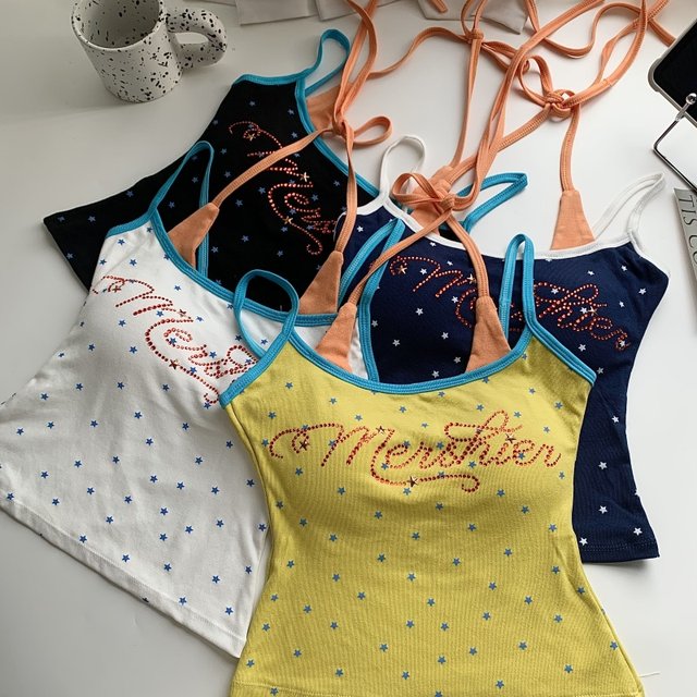 Spicy dancer contrasting color star print suspender vest for women in summer letters with chest pad age-reducing short top