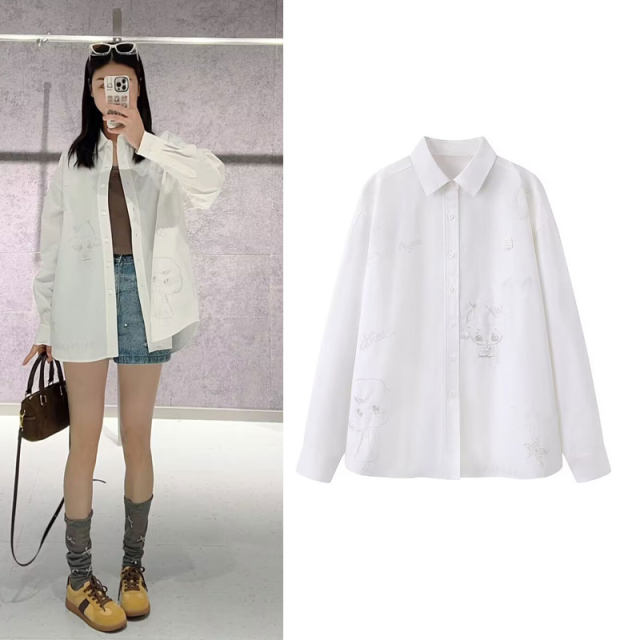 Long-sleeved lapel white shirt 2025 spring new style emotional cartoon children's fun graffiti loose silhouette versatile top for women