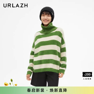 
URLAZH New Retro Lazy Contrast Striped High Neck Casual Loose Pullover Long Sleeve Knitted Sweater Women