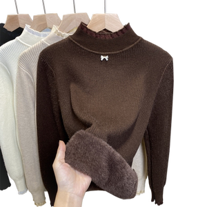 Women's velvet half-turtleneck sweater all-in-one velvet bottoming shirt 2025 autumn and winter new lace sweater with thick top