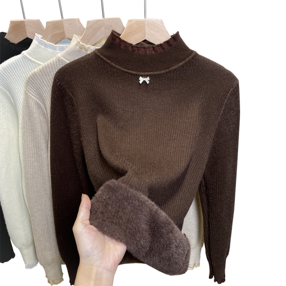 Women's velvet half-turtleneck sweater all-in-one velvet bottoming shirt 2025 autumn and winter new lace sweater with thick top