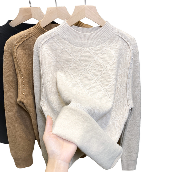 
Women's velvet half-turtleneck sweater all-in-one velvet bottoming shirt 2025 autumn and winter new style beaded sweater inner layering top