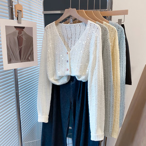 
Sequin hollow special yarn v-neck sweater jacket for women 2026 spring and autumn new loose outer top knitted cardigan