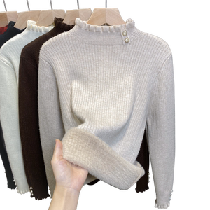 
Integrated velvet half turtleneck sweater for women plus velvet thickened base shirt 2025 autumn and winter new knitted sweater underwear trendy