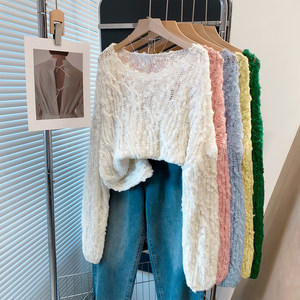 
Floral yarn word collar hollow twist sweater women's pullover 2026 spring and autumn new style loose lazy style top sweater