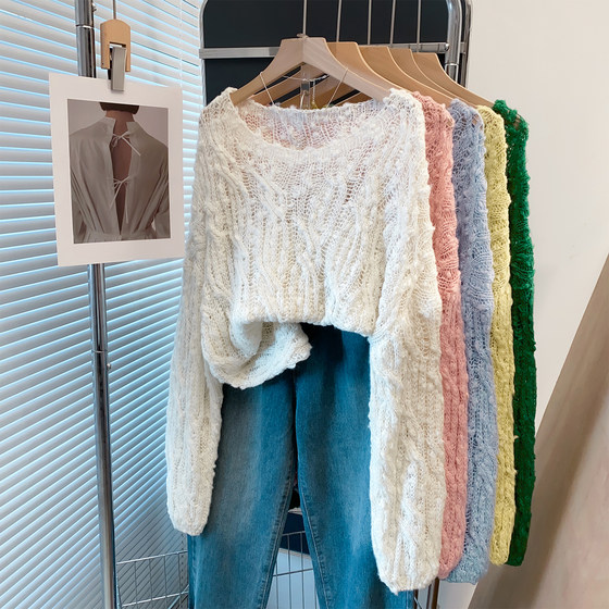 
Floral yarn word collar hollow twist sweater women's pullover 2026 spring and autumn new style loose lazy style top sweater