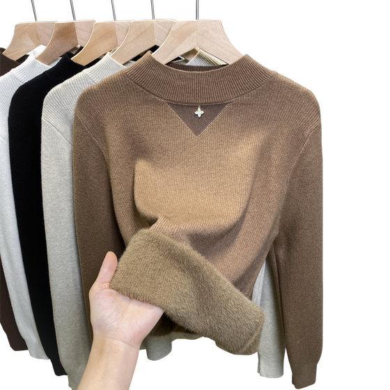 
Integrated velvet half turtleneck sweater for women plus velvet thickened base shirt 2025 autumn and winter new knitted sweater underwear trendy