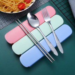 Chopsticks, Spoon, and Fork Set Portable Cutlery Three-Piece Set Stainless Steel Travel Cutlery Portable Cutlery for Elementary School Students