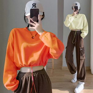 FEIMI妃秘新款休闲卫衣短时尚抽绳收腰卫衣秋冬款时髦显瘦小个子