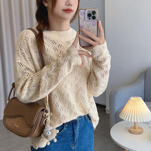 150 small solid color short knitted jacket loose round neck thin hollow long -sleeved coating sweater autumn
