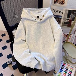 White Floral Gray Heavyweight Fleece-Lined Solid Color Hooded Sweatshirt for Men and Women, Autumn and Winter, Youth American Style Trendy Brand Button Pullover Jacket