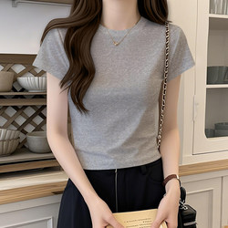 Short-Sleeved T-Shirt for Women, Summer Fashion, Korean Style, Regular Shoulder Top, Trendy Slim Fit, Stretchy Ice Silk Ribbed Tee