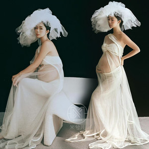 3072 Pregnant woman taking photos and clothing pure desire white gauze French strapless skirt photo studio rental big belly maternity clothing