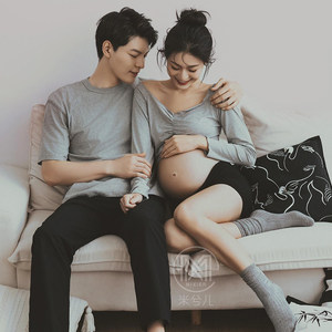 
Maternity Photo Clothing Gray Simple One Shoulder Couple Pregnant Mommy Art Photo Pregnancy Photo Studio Big Belly Photo Clothes
