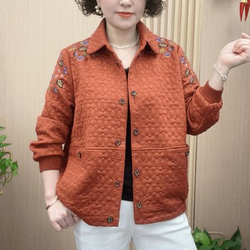 Middle -aged and elderly foreign qi embroidery lapel jackets outer jacket female autumn middle -aged mother pretend to be casual age reduction and thin top
