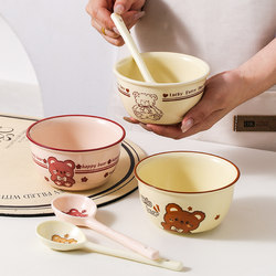 Underglaze Cartoon Ceramic Bowl and Spoon Set, Cute Rice Bowl for Home Use, Trendy and Aesthetically Pleasing, Suitable for One Person