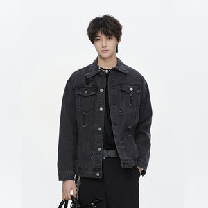 
LFBF American fashion brand ripped denim jacket men's loose lapel multi-pocket handsome versatile jacket