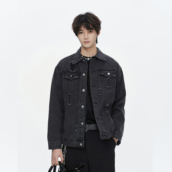 
LFBF American fashion brand ripped denim jacket men's loose lapel multi-pocket handsome versatile jacket