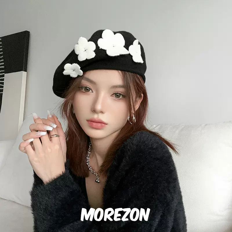 MOREZON【SCHA FLOWER BERET】德国23秋冬潮人简约时尚小花贝雷帽-Taobao